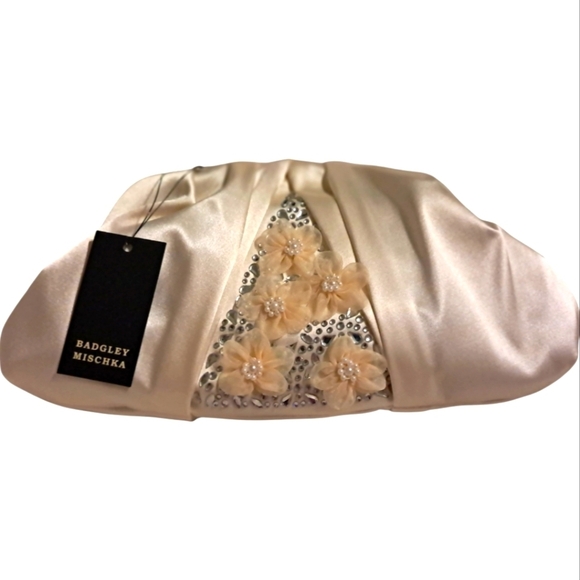 Badgley Mischka Handbags - Badgley Mischka Off White Clutch and Crossbody with Floral Embellishments